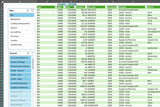 Excel with a table of transactions pulled from the ledger