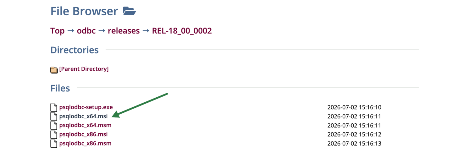 The psqlODBC download listing on postgresql.org