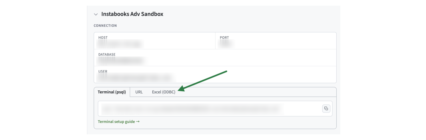 The Excel (ODBC) tab in Settings → Database Access