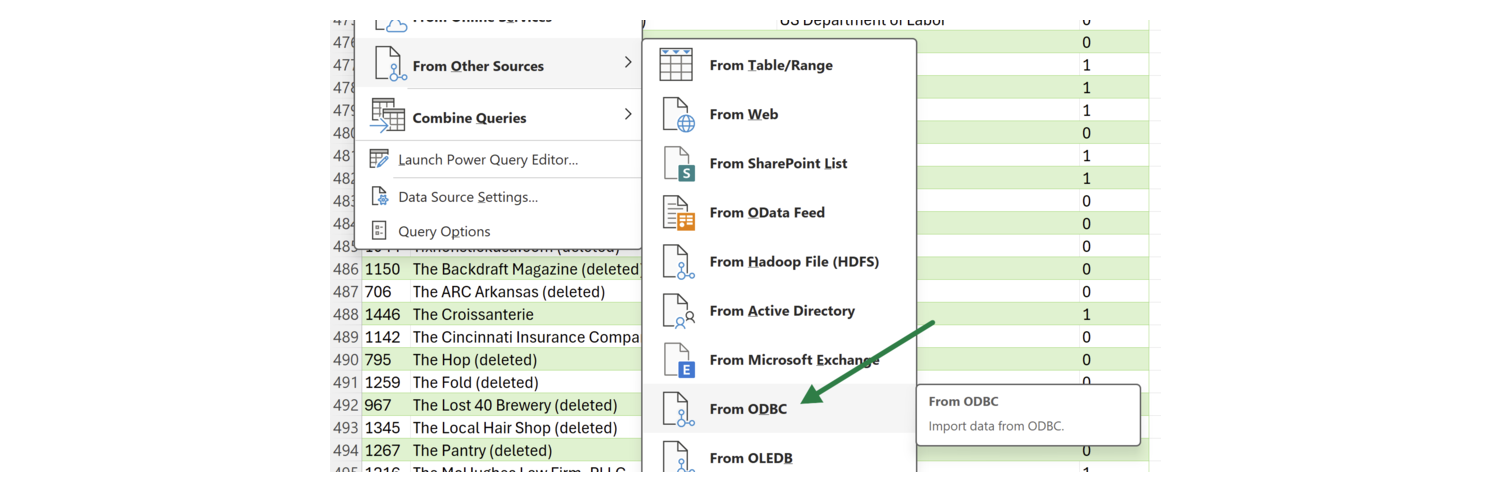 Data → Get Data → From Other Sources → From ODBC in the Excel ribbon