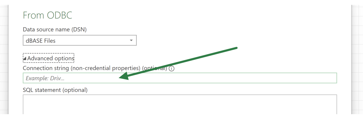 The From ODBC dialog with the connection string pasted into Advanced options