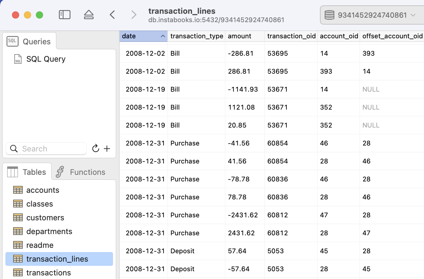 Postico browsing the transactions table