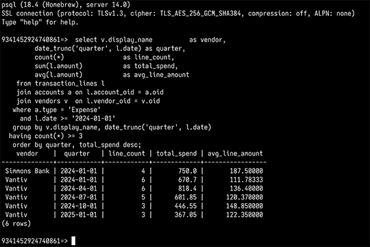A psql session in Terminal